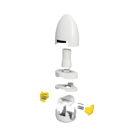 Rozstrzelony widok inhalatora ModulAir z pokazanymi elementami wewnętrznymi